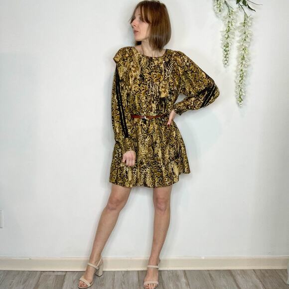 BA&SH Sym trapeze shift dress ochre ruffled bib front snakeskin print 2730 - Picture 7 of 14